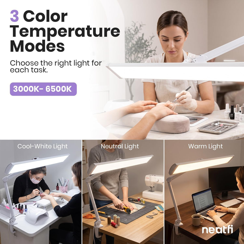 Lámpara LED de escritorio con pinza, cabezal ancho de 20 pulgadas, 2200 lúmenes, luz de trabajo para oficina en casa y manualidades, color negro