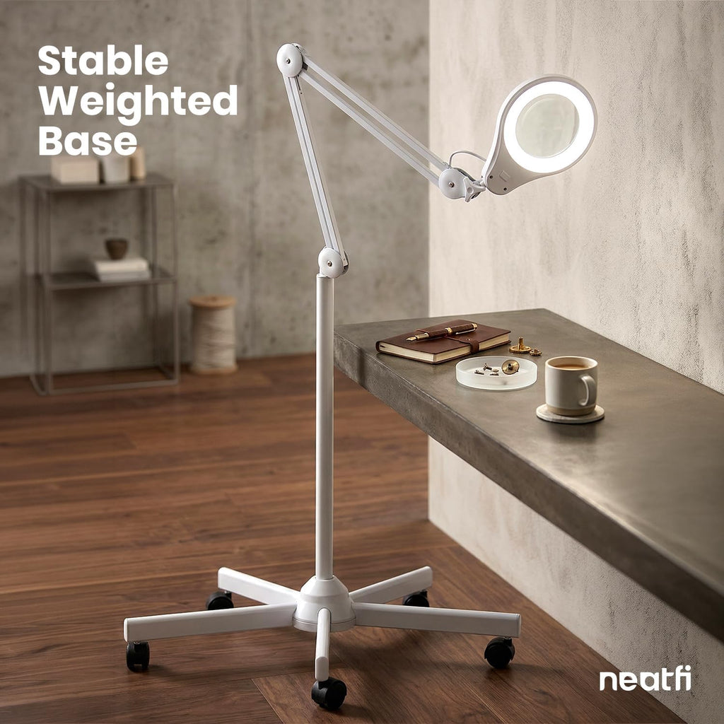 5" Wide Bifocals Glass Lens – 1200 Lumens LED Magnifying Floor Lamp with Rolling Base, White