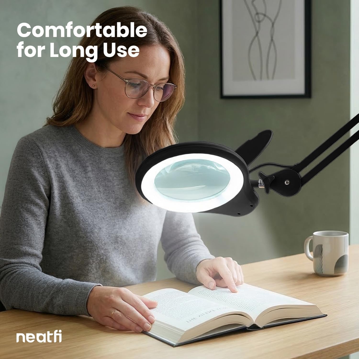 Lampe loupe DEL sur pied de 1200 lumens avec lentille en verre à double foyer de 12,7 cm de large et base roulante, noire