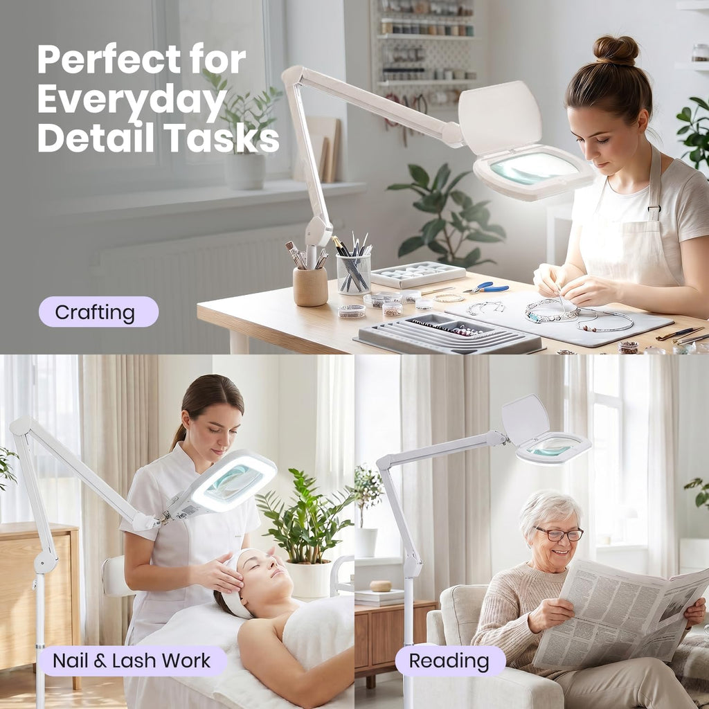 6.8" Lens LED Magnifying Floor Lamp – 3D + 12D, 1.75x/4x, Dimmable 6500K, Adjustable Arm, White