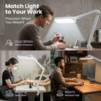 Lampe de bureau à LED de 2500 lumens avec pince – Abat-jour large de 22 pouces, 5 modes de couleur pour les ongles et l'artisanat, blanc
