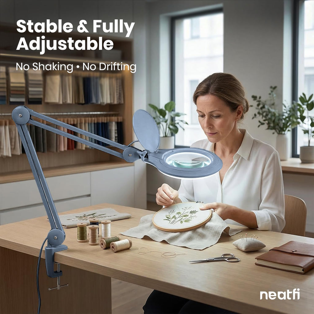 5" Wide Bifocals Lens – 1200 Lumens LED Magnifying Lamp for Crafts & Detail Works, Clamp Mount, Gray