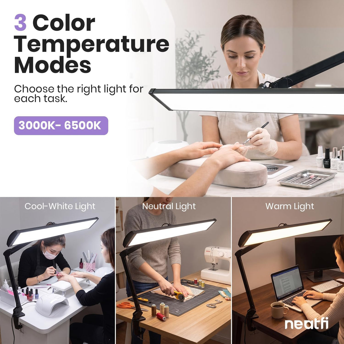 Lampe de bureau LED à tête large de 20 po avec pince – Lampe de travail de 2200 lumens pour bureau à domicile et travaux manuels, noire