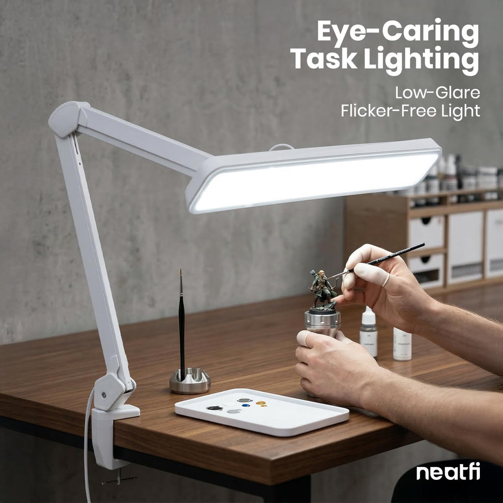 Lampe de bureau à LED de 2500 lumens avec pince – Abat-jour large de 22 pouces, 5 modes de couleur pour les ongles et l'artisanat, blanc