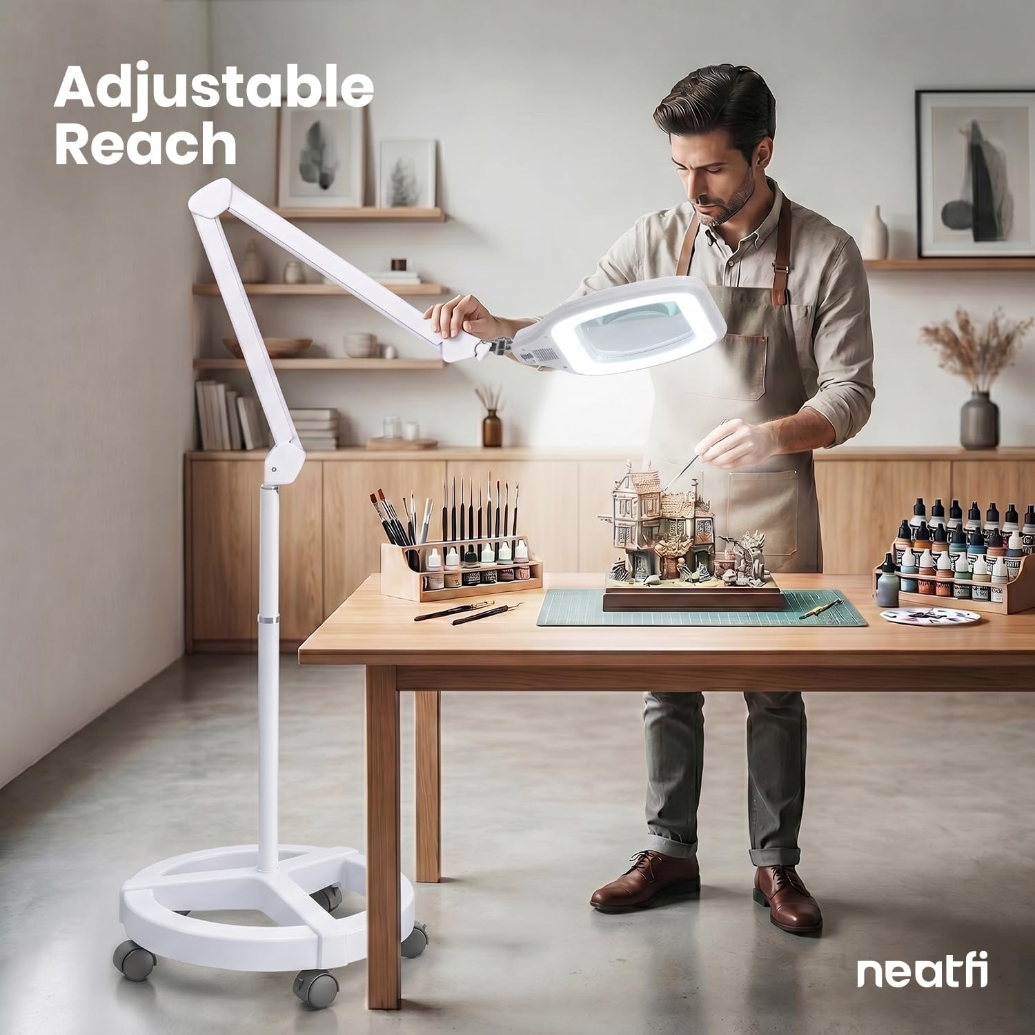 6.8" Lens LED Magnifying Floor Lamp – 3D + 12D, 1.75x/4x, Dimmable 6500K, Adjustable Arm, White