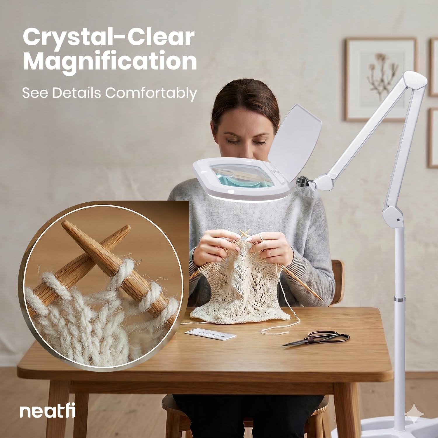 6.8" Lens LED Magnifying Floor Lamp – 3D + 12D, 1.75x/4x, Dimmable 6500K, Adjustable Arm, White