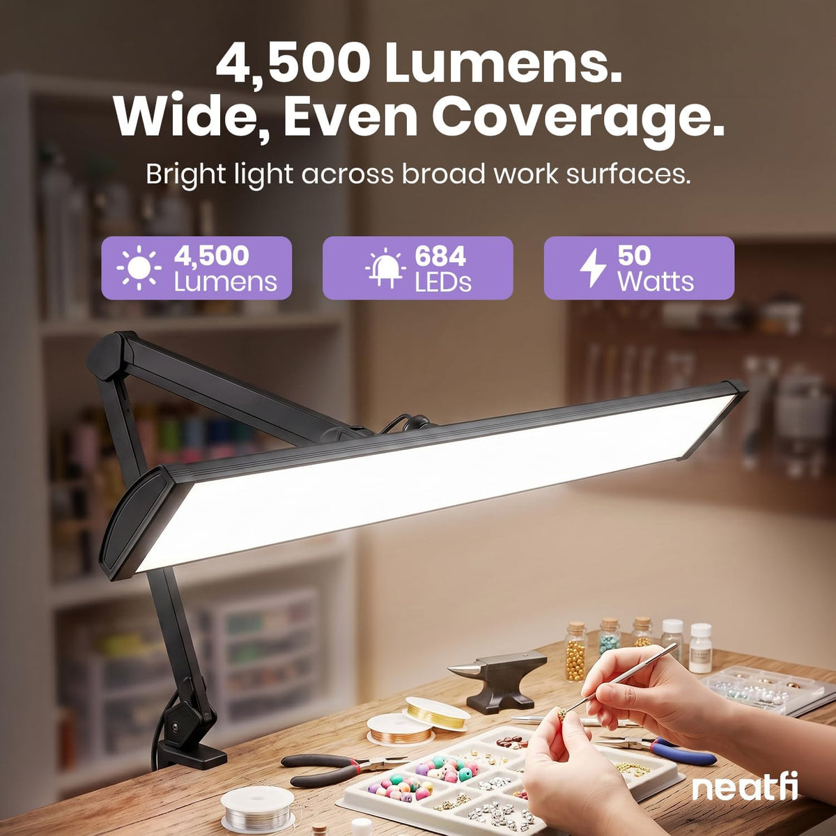 Lampe de bureau LED à tête large de 20 po avec pince – Lampe de travail de 2200 lumens pour bureau à domicile et travaux manuels, noire