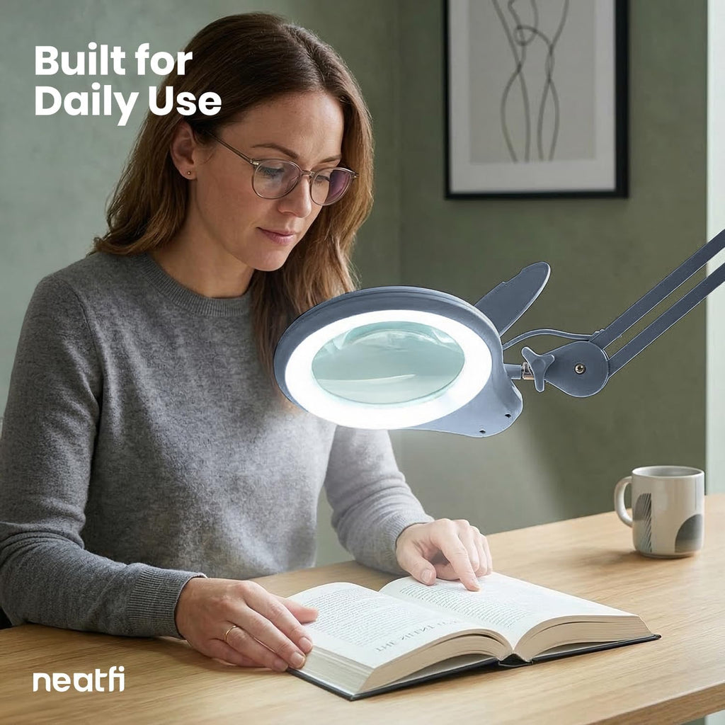 5" Wide Bifocals Lens – 1200 Lumens LED Magnifying Lamp for Crafts & Detail Works, Clamp Mount, Gray