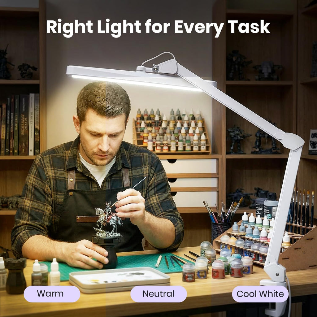 Lampe de bureau à LED de 2500 lumens avec pince – Abat-jour large de 22 pouces, 5 modes de couleur pour les ongles et l'artisanat, blanc