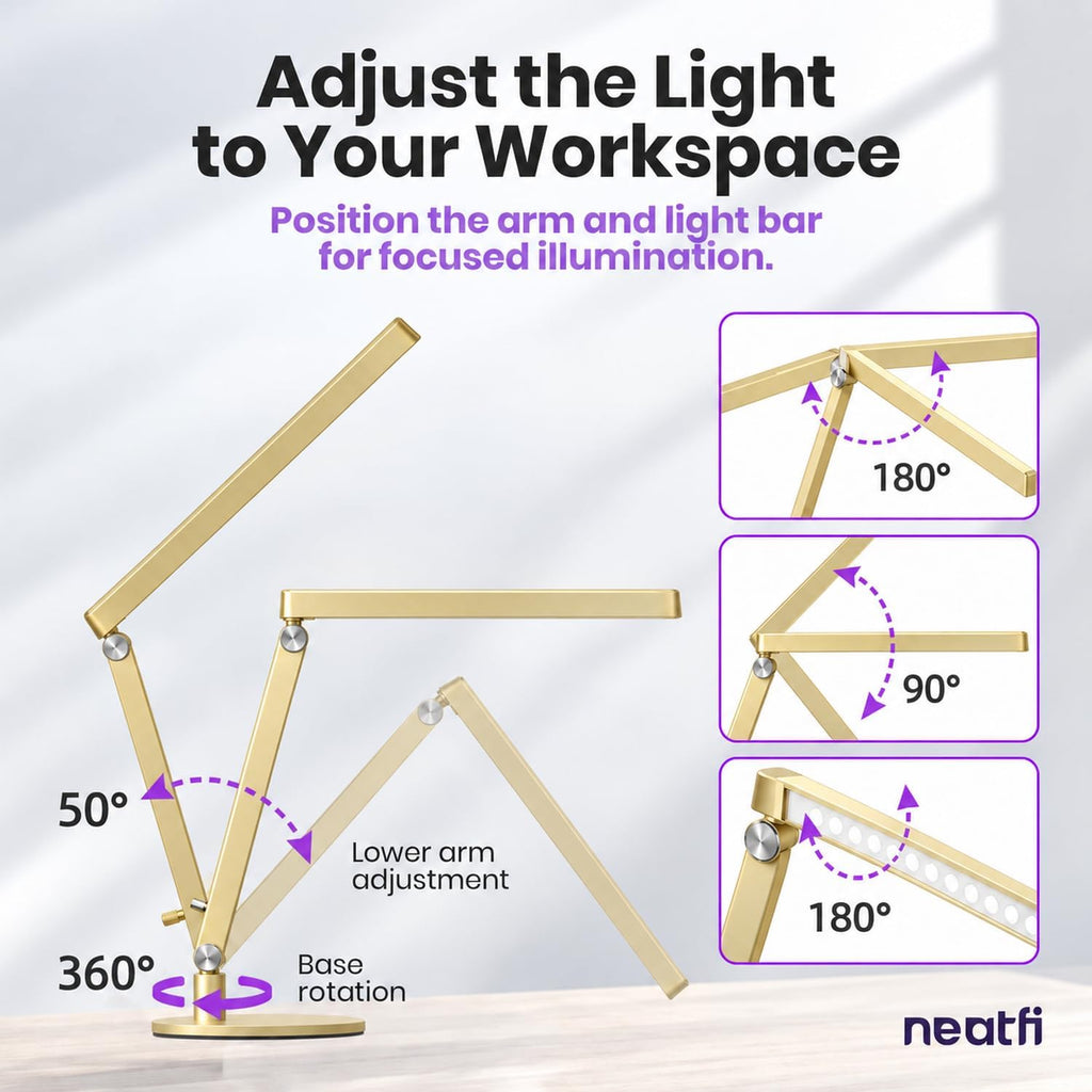 Professional LED Task Lamp, 20W, CRI 95, Stepless Dimming, Gold