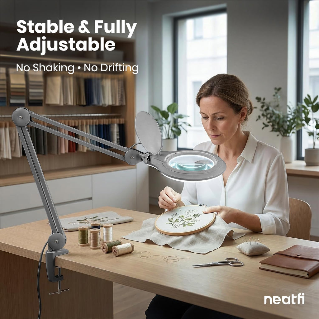 5" Wide Bifocal Lens – 1200 Lumens LED Magnifying Lamp for Crafts & Detail Works, Clamp Mount, Silver