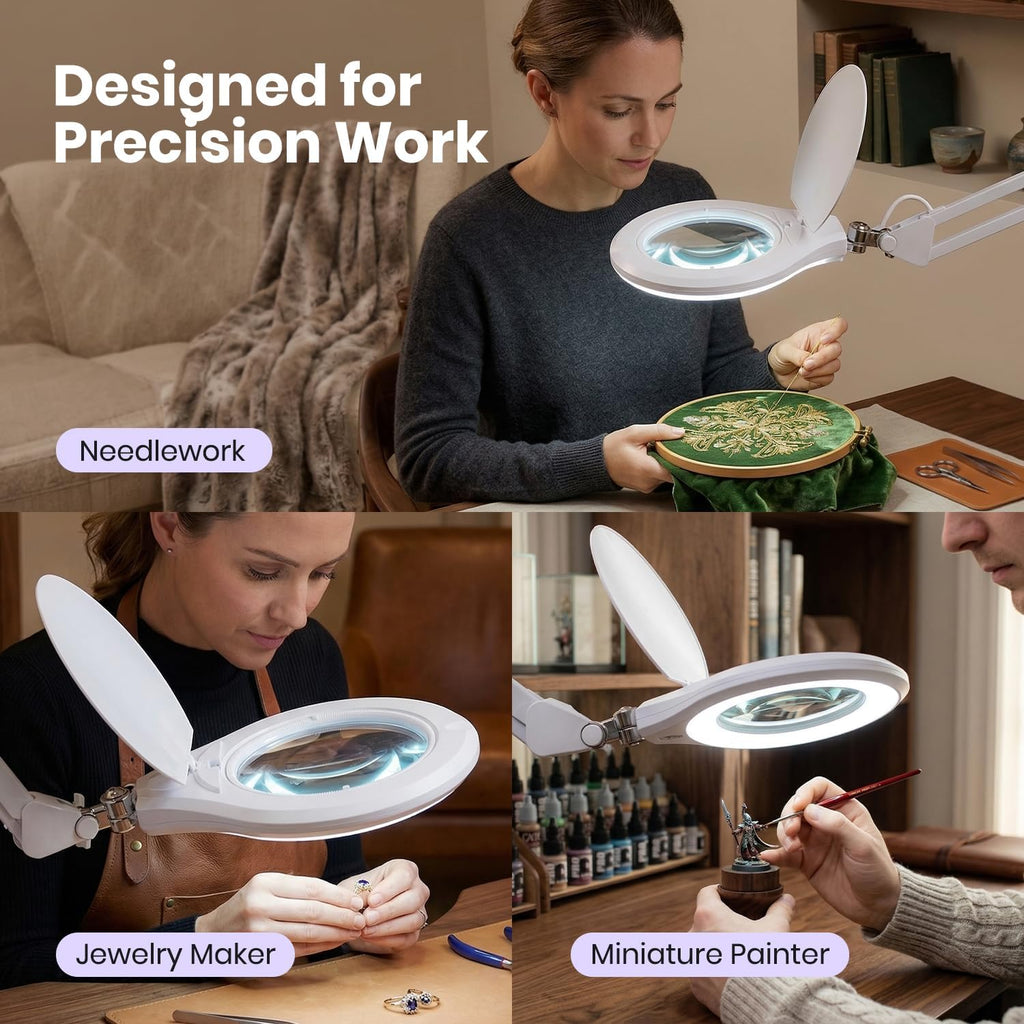 6" Glass Lens Elite Magnifying Lamp with Clamp – Glare-Free, Non-polar Dimming for Reading, White