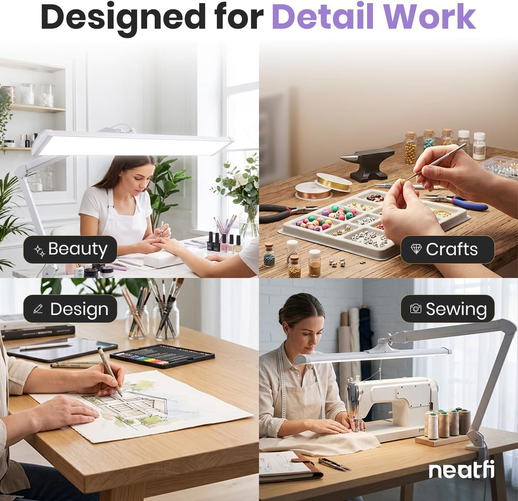 Lámpara LED de escritorio con pinza, cabezal ancho de 20 pulgadas, 2200 lúmenes, luz de trabajo para oficina en casa y manualidades, color negro