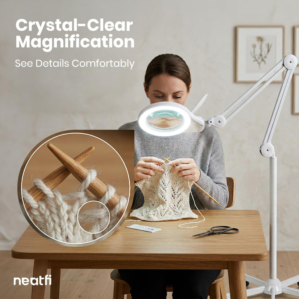 5" Wide Bifocals Glass Lens – 1200 Lumens LED Magnifying Floor Lamp with Rolling Base, White