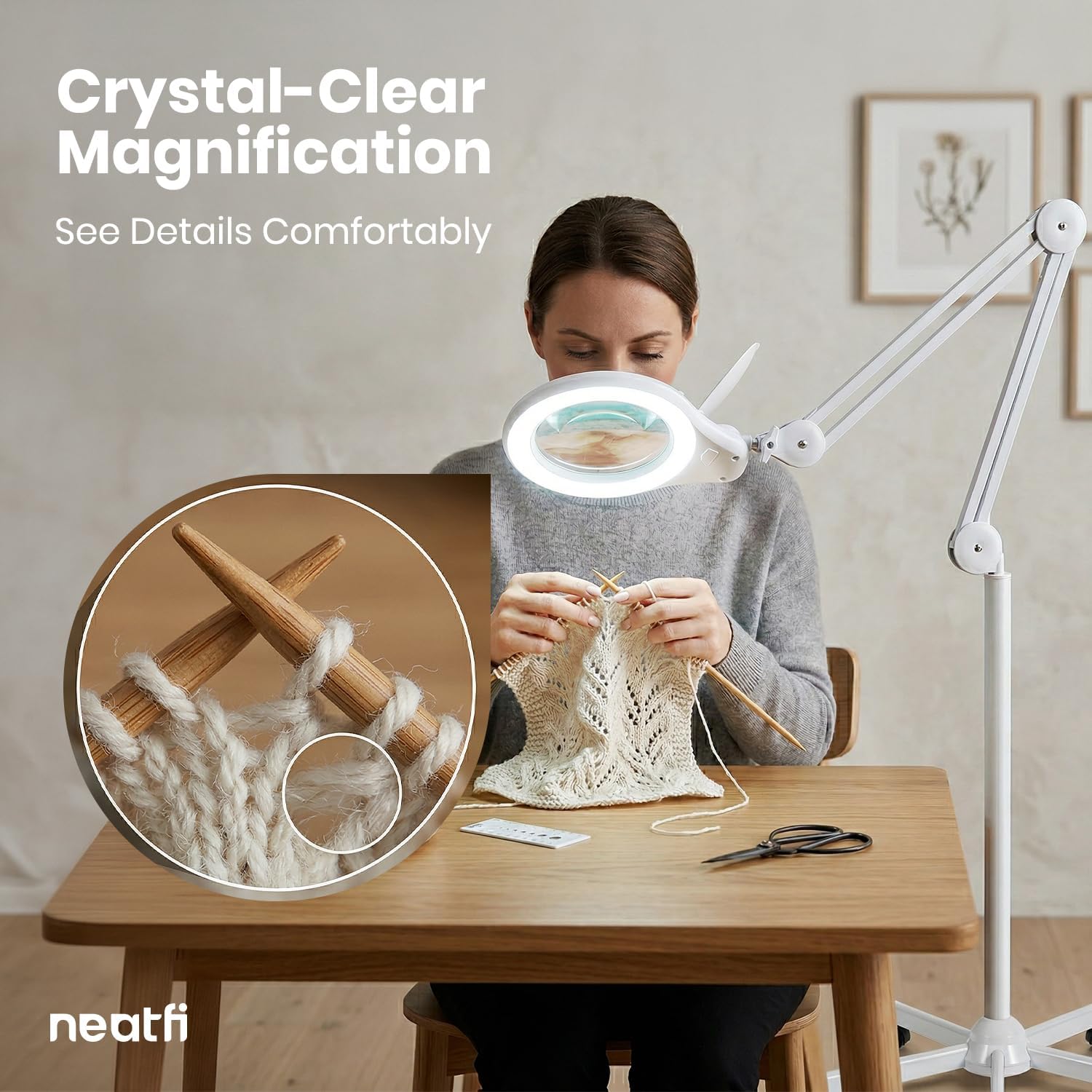 5" Wide Bifocals Glass Lens – 1200 Lumens LED Magnifying Floor Lamp with Rolling Base, White