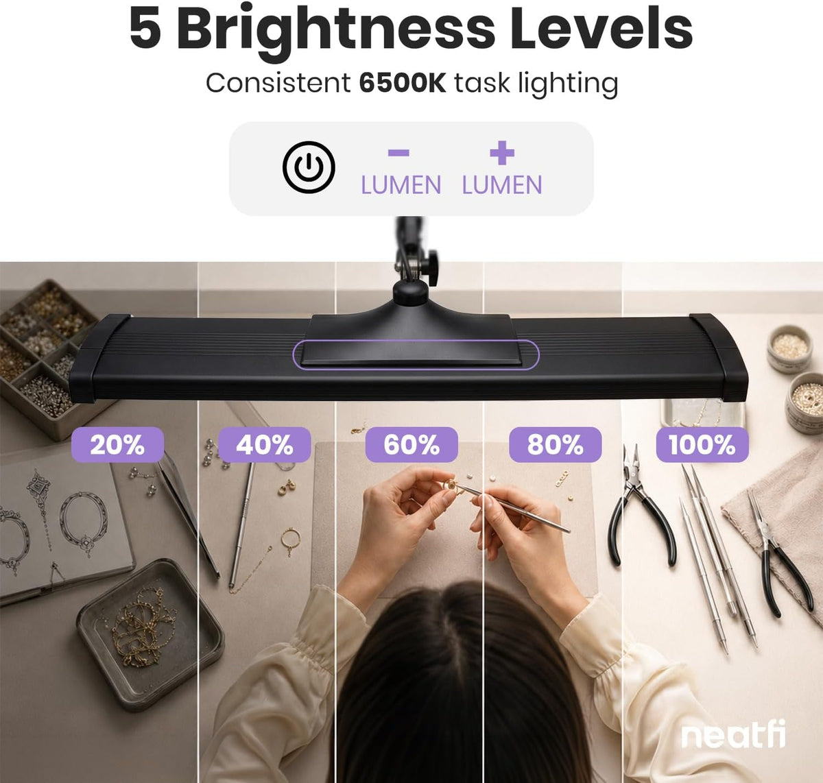 Lampe de bureau LED à tête large de 20 po avec pince – Lampe de travail de 2200 lumens pour bureau à domicile et travaux manuels, noire