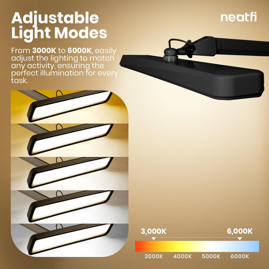 2500 Lumens LED Desk Lamp with Base – 22" Wide Shade, 5 Color Modes for Nails & Crafts, Black