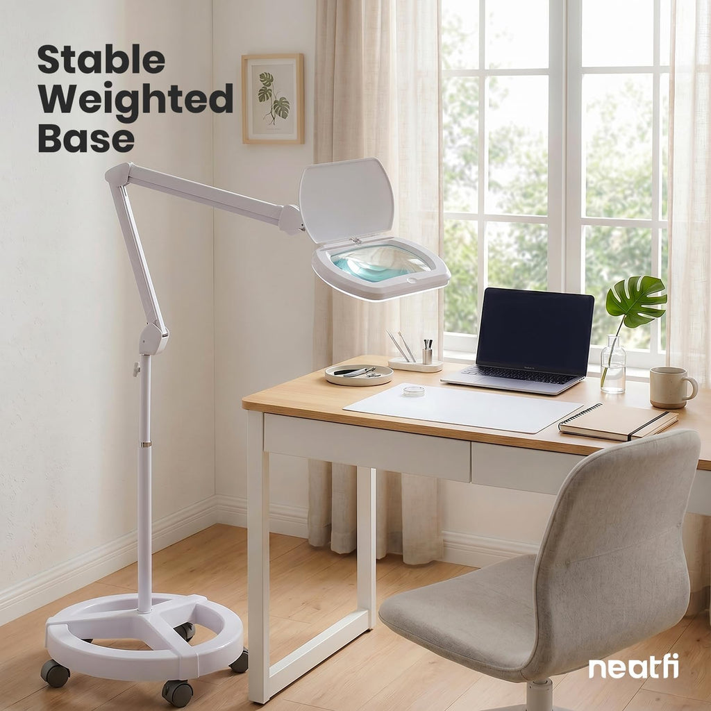 6.8" Lens LED Magnifying Floor Lamp – 3D + 12D, 1.75x/4x, Dimmable 6500K, Adjustable Arm, White