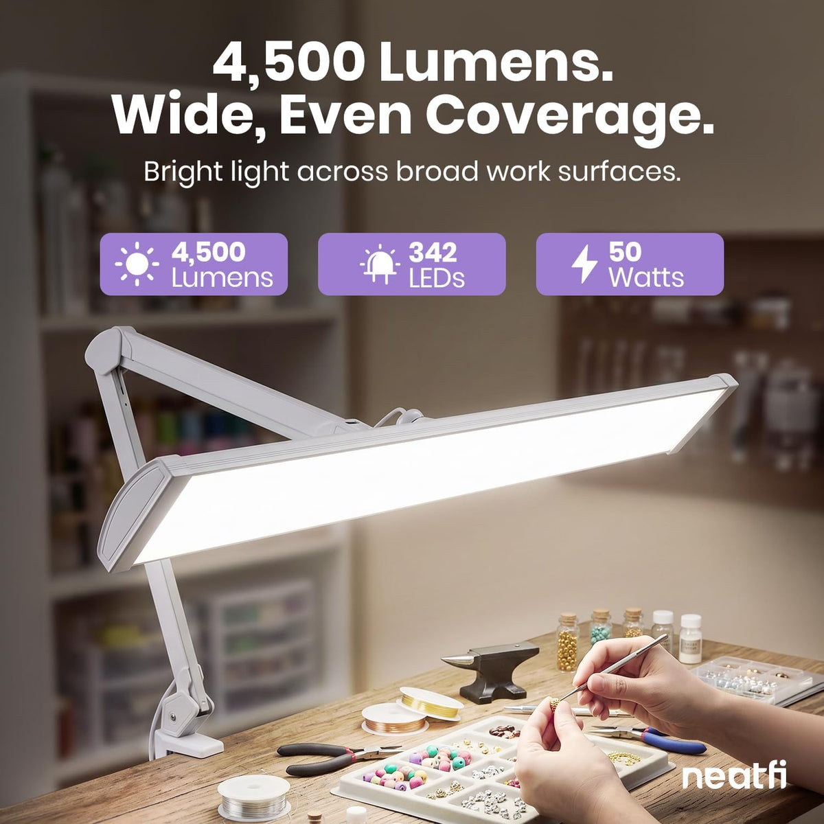 Lámpara LED de escritorio con pinza, cabezal ancho de 20 pulgadas, 2200 lúmenes, luz de trabajo para oficina en casa y manualidades, color negro