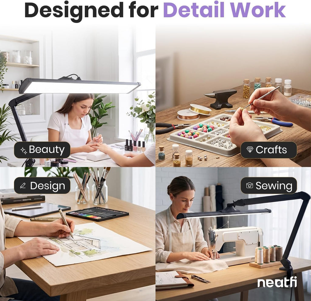 Lampe de bureau LED à tête large de 20 po avec pince – Lampe de travail de 2200 lumens pour bureau à domicile et travaux manuels, noire