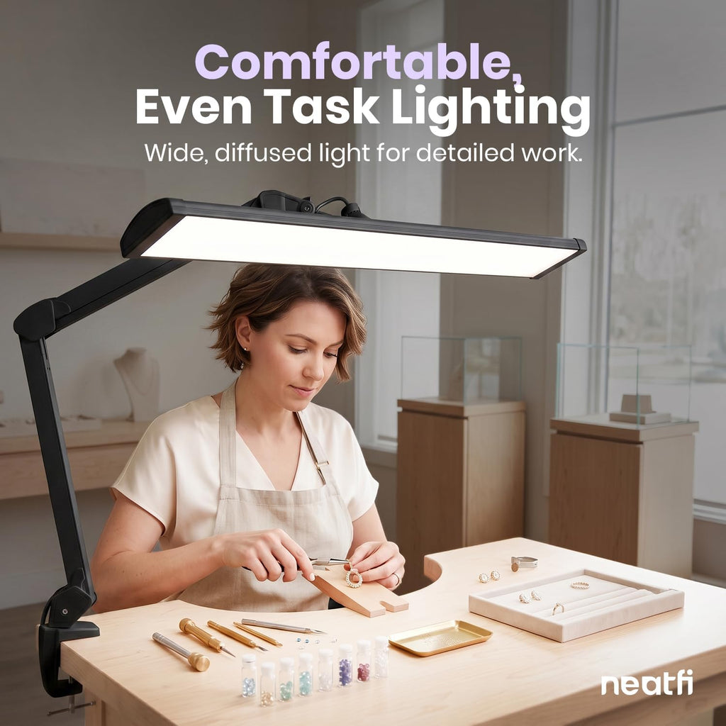 Lampe de bureau LED à tête large de 20 po avec pince – Lampe de travail de 2200 lumens pour bureau à domicile et travaux manuels, noire