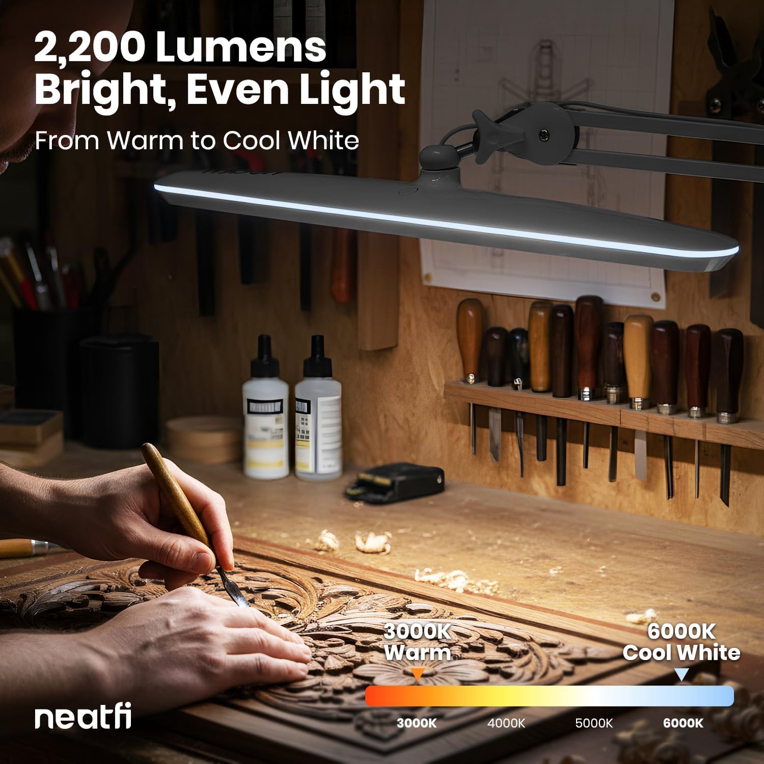 Lámpara LED de escritorio de 2200 lúmenes con abrazadera – 23" de ancho, 3 modos de luz para banco de trabajo y oficina en casa, blanca