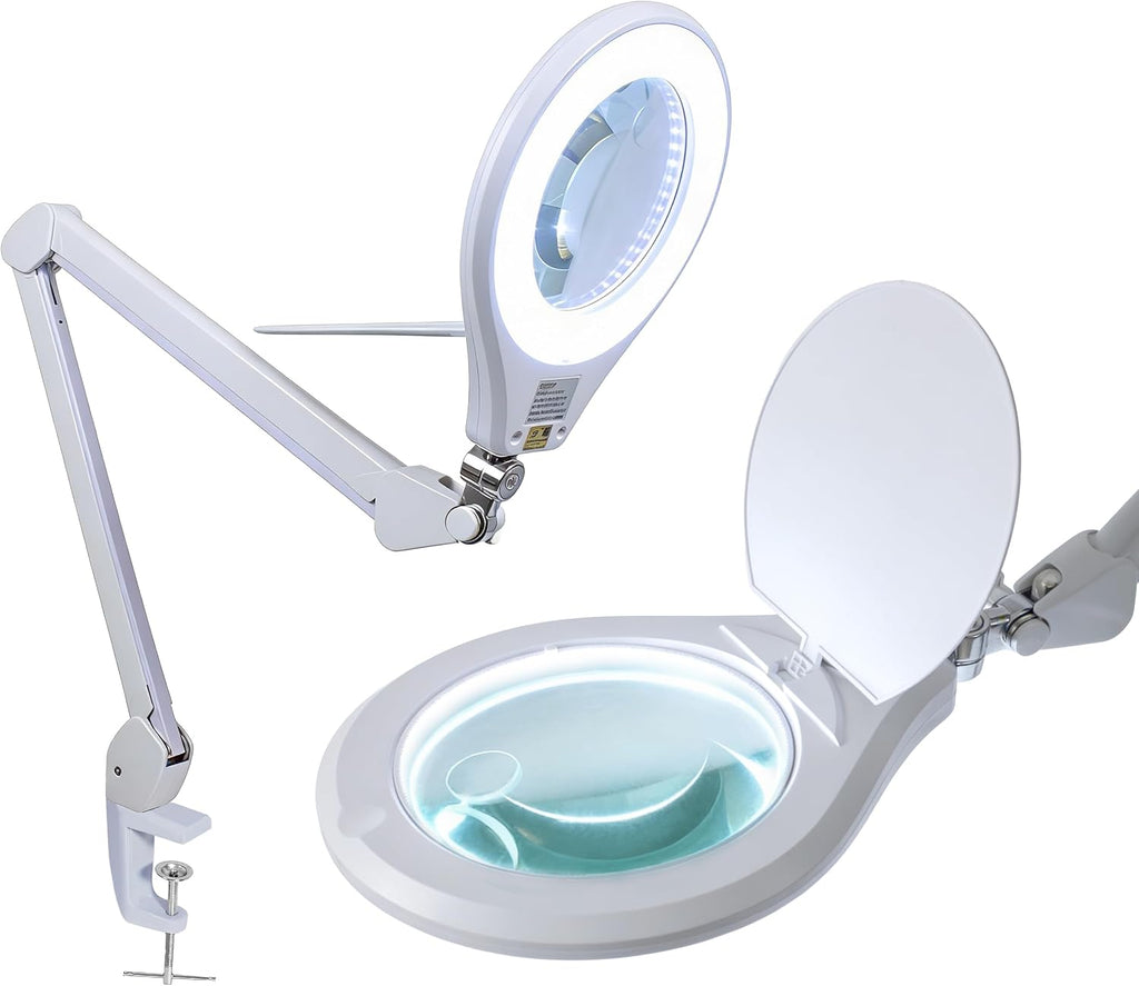 6" Glass Lens Elite Magnifying Lamp with Clamp – Glare-Free, Non-polar Dimming for Reading, White