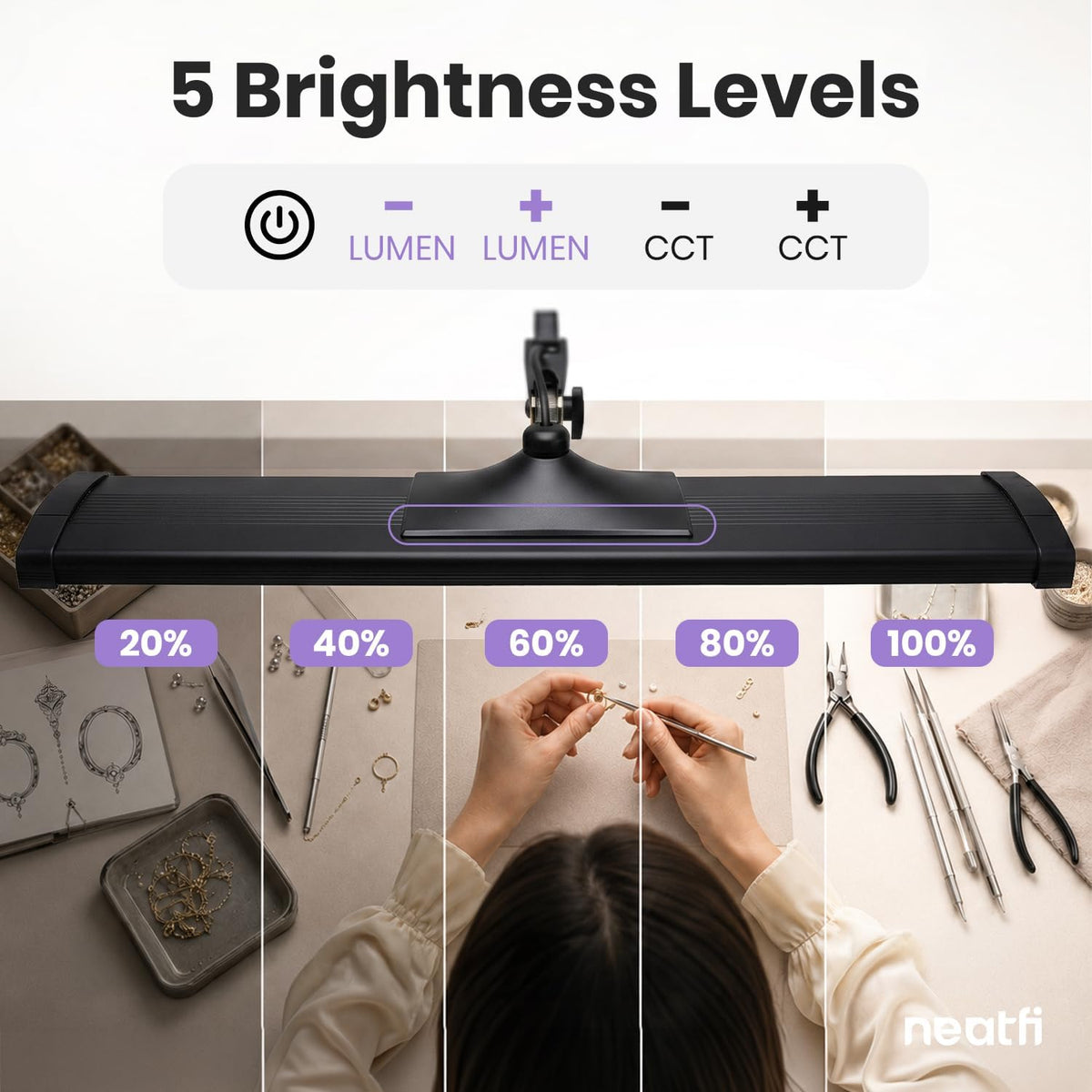 Lampe de bureau LED à tête large de 20 po avec pince – Lampe de travail de 2200 lumens pour bureau à domicile et travaux manuels, noire