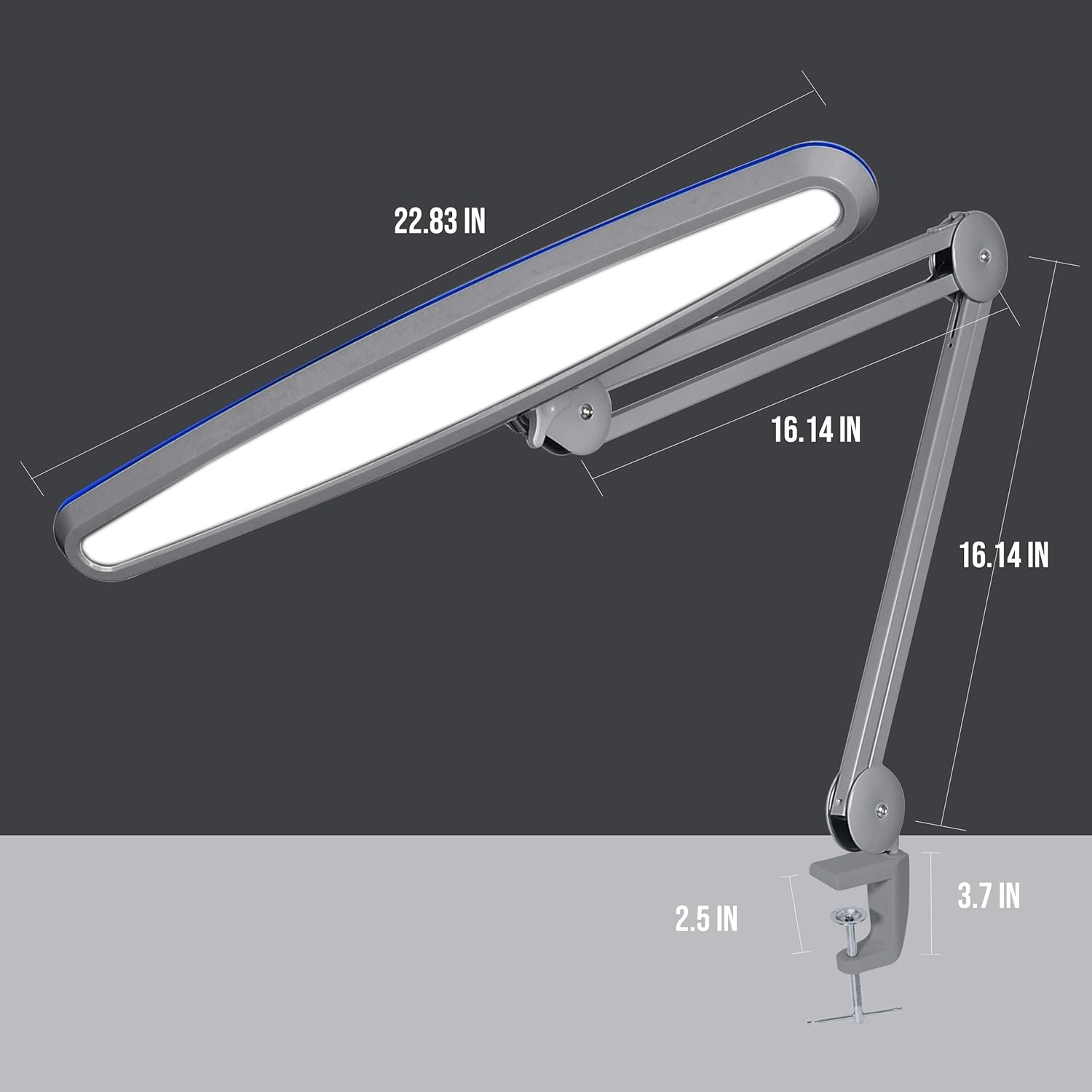 2200 Lumens LED Desk Lamp with Clamp – 23" Wide, 3 Light Modes for Workbench & Home Office, Silver