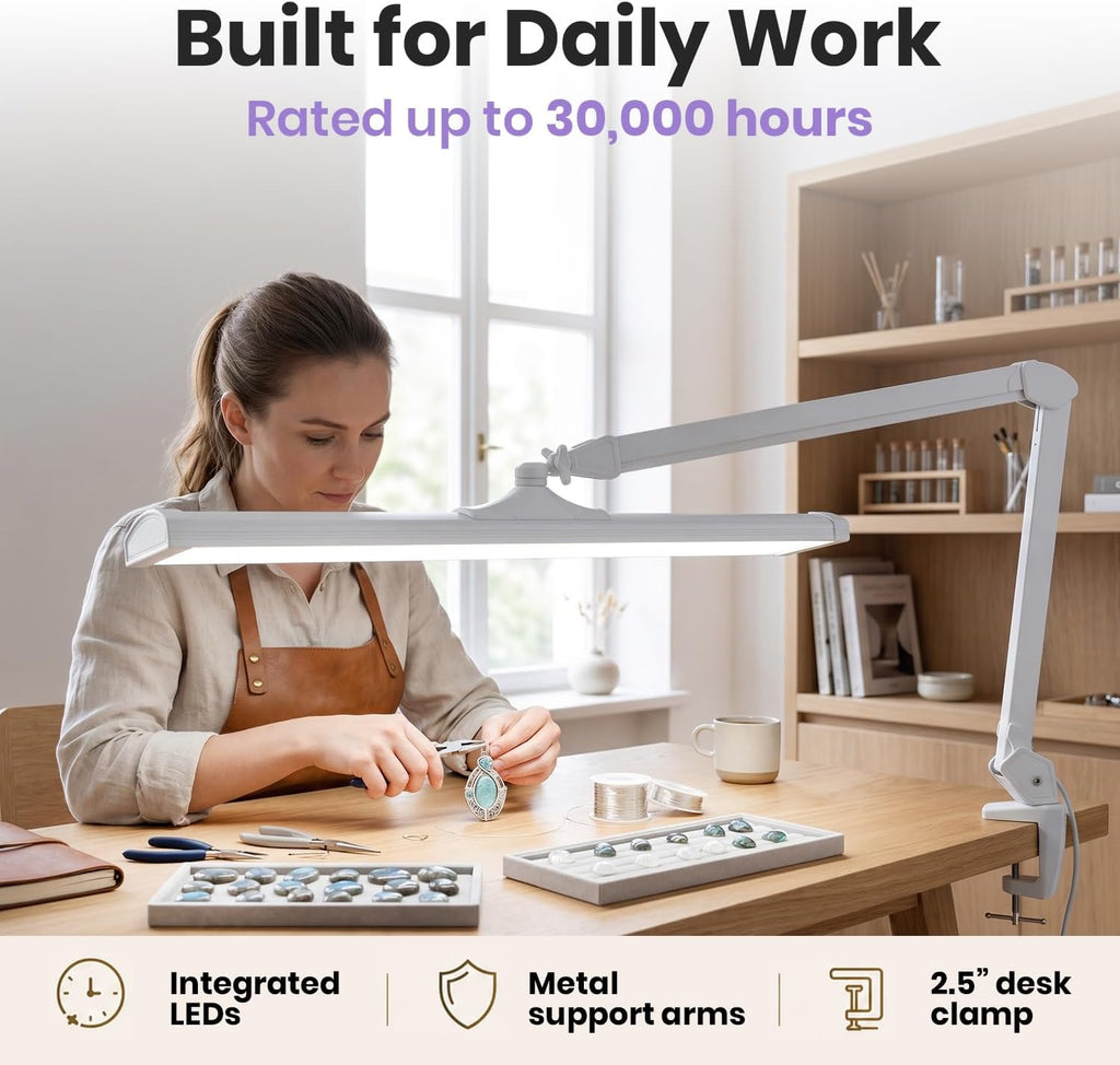 Lámpara LED de escritorio con pinza, cabezal ancho de 20 pulgadas, 2200 lúmenes, luz de trabajo para oficina en casa y manualidades, color negro