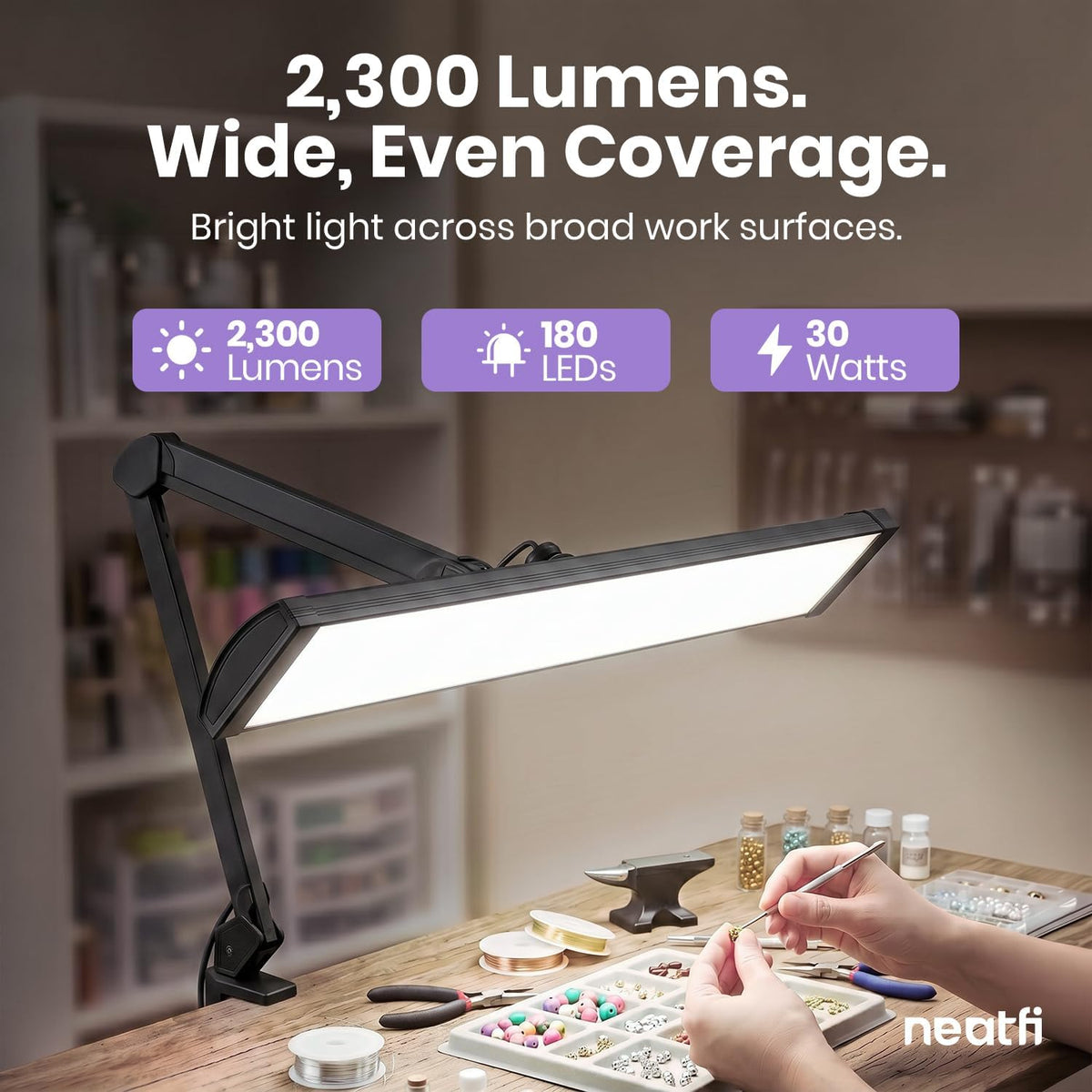 Lampe de bureau LED à tête large de 20 po avec pince – Lampe de travail de 2200 lumens pour bureau à domicile et travaux manuels, noire