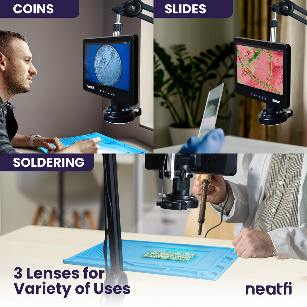 Digital Microscope for Adults - 10.1 Inches Soldering Microscope, Coin Microscope with Light for Coins Error, 18x - 2040x Magnification USB Microscope, 3 Changeable Lenses, Remote Control, 64GB SD Card - Black