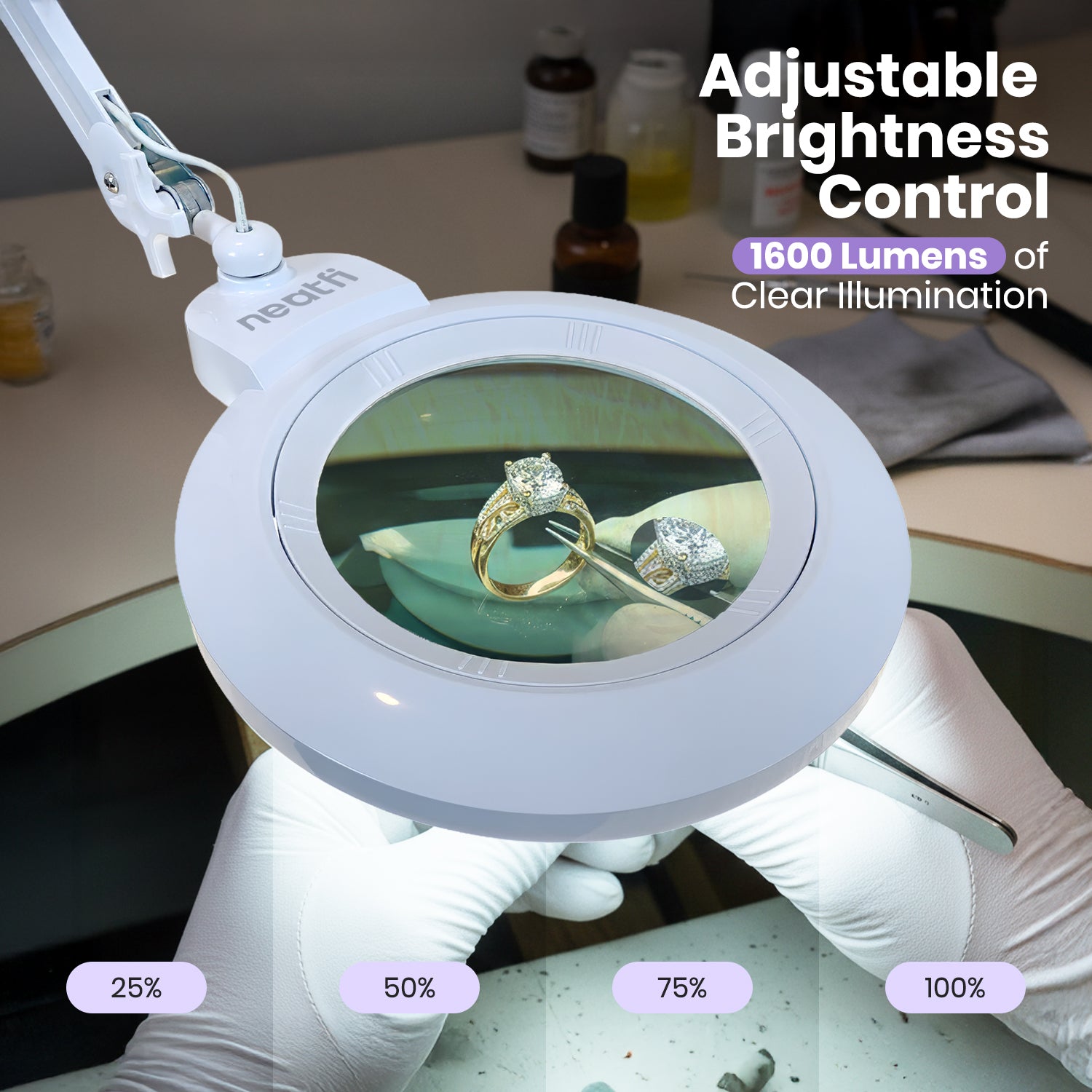 Lámpara LED con Lupa y Base de Acrílico de 7" de Ancho – 1600 Lúmenes, Regulable para Trabajos de Precisión, Blanca