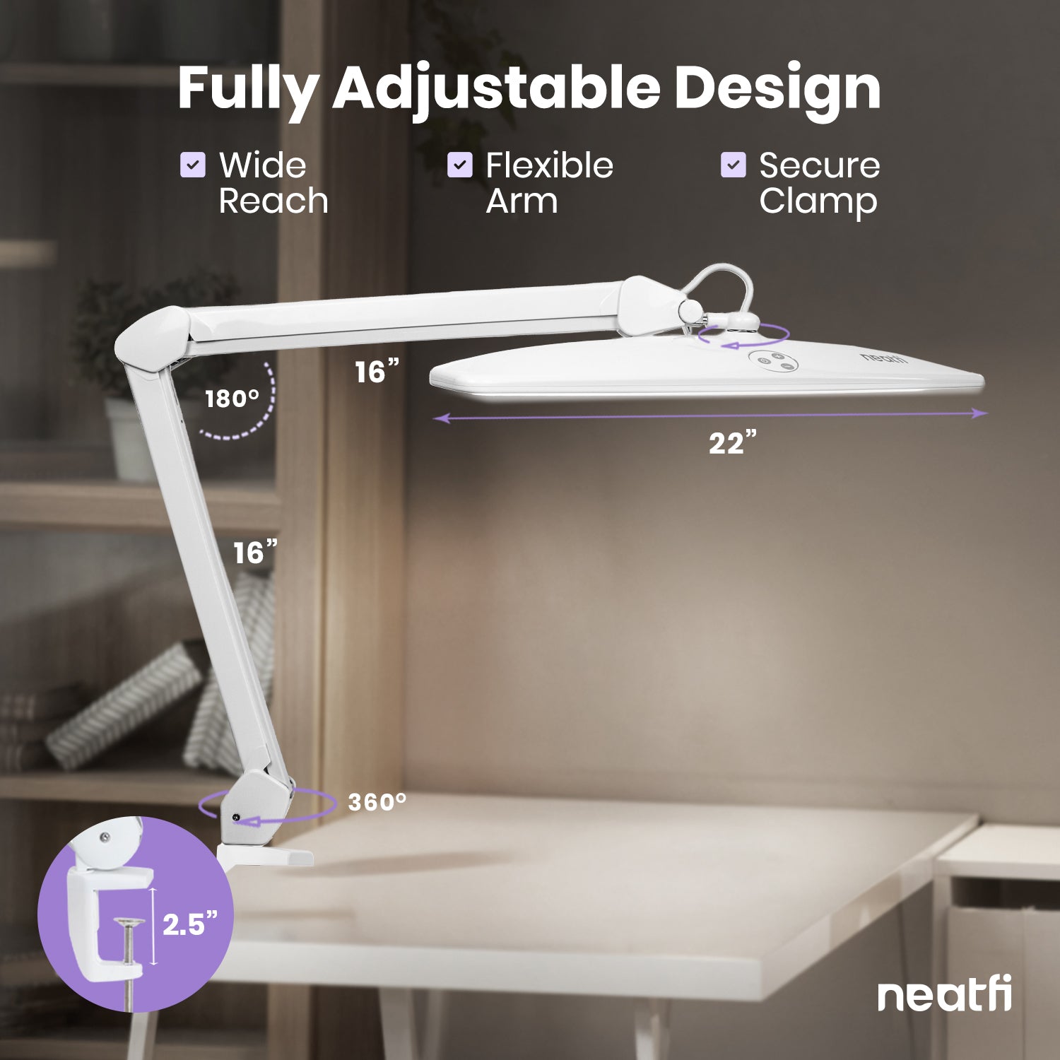 1600 Lumens LED Desk Lamp with Clamp – 22" Wide Shade, Adjustable & Non-polar Dimming Light, White