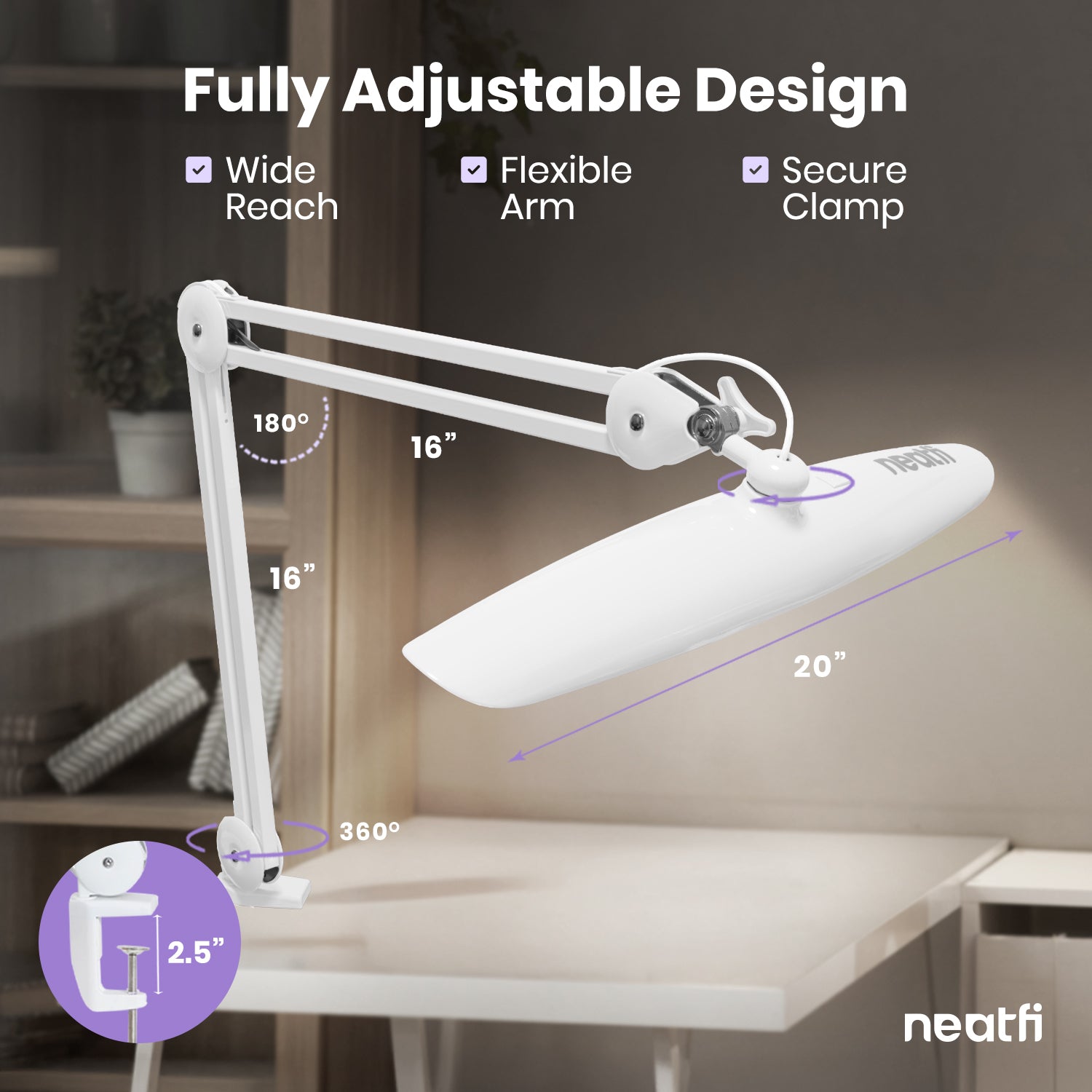 20” Wide LED Desk Lamp with Clamp, Dimmable, Flicker-Free – White