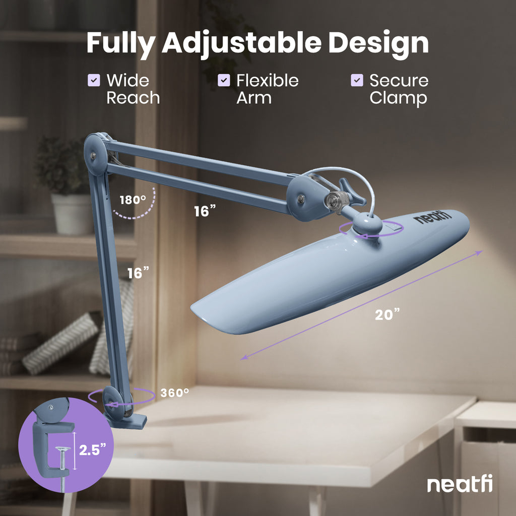 20” Wide Head LED Desk Lamp with Clamp – 2200 Lumens Task Light for Home Office & Crafts, Gray