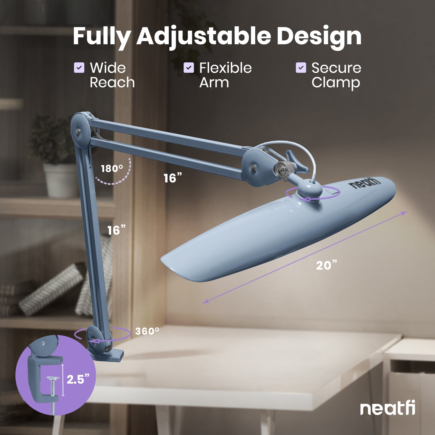 20” Wide Head LED Desk Lamp with Clamp – 2200 Lumens Task Light for Home Office & Crafts, Gray
