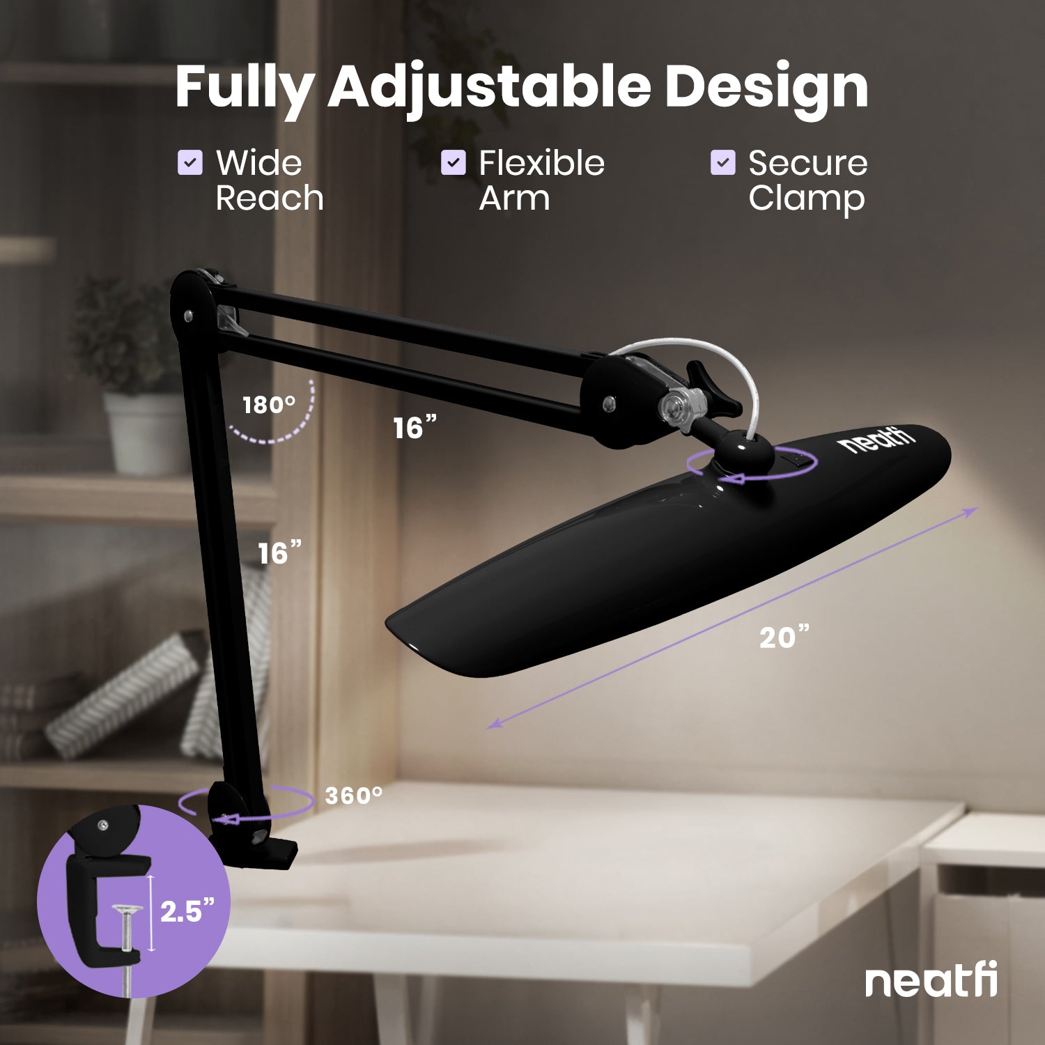 20” Wide LED Desk Lamp with Clamp – Dimmable, Flicker-Free – Neatfi