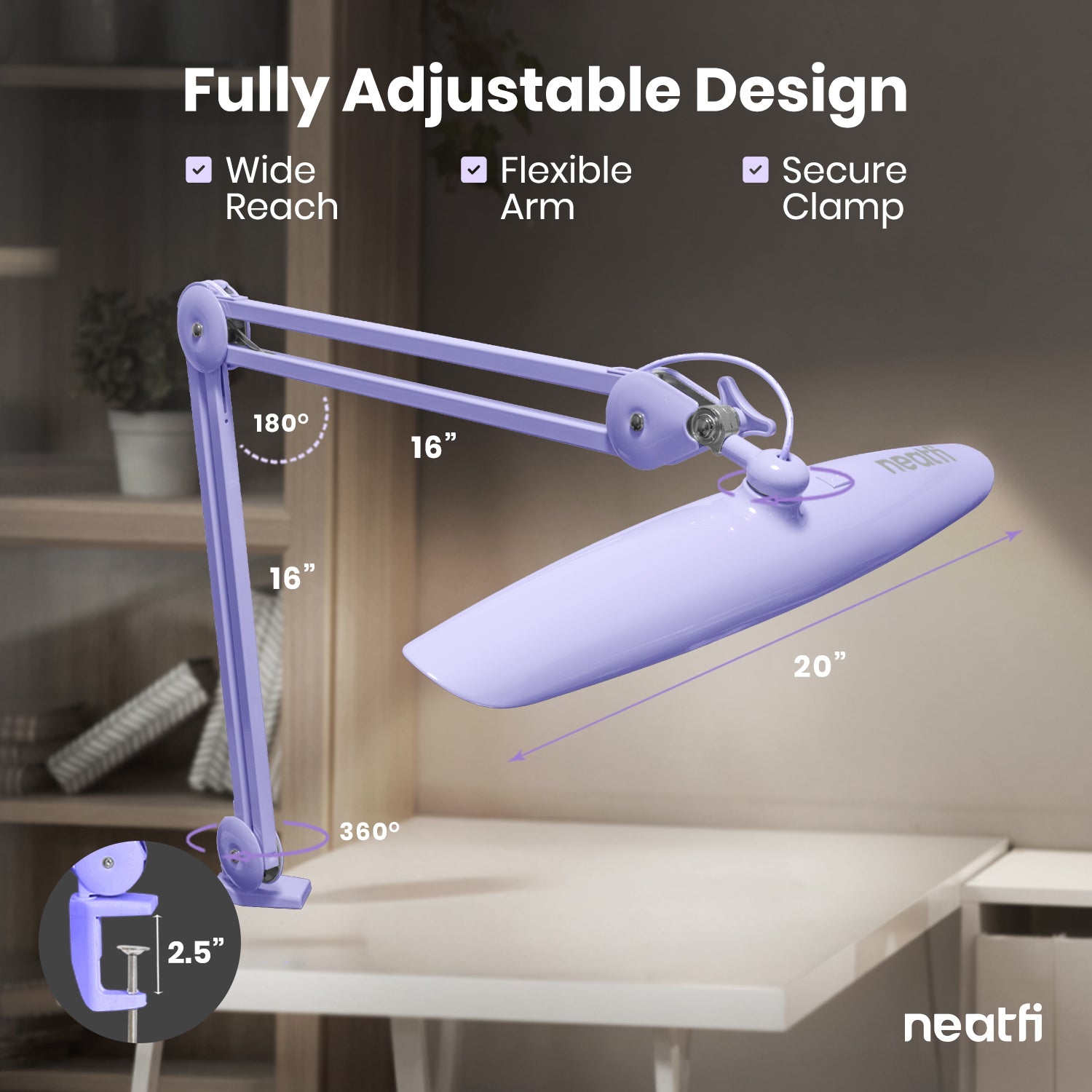 20” Wide Head LED Desk Lamp with Clamp – 2200 Lumens Task Light