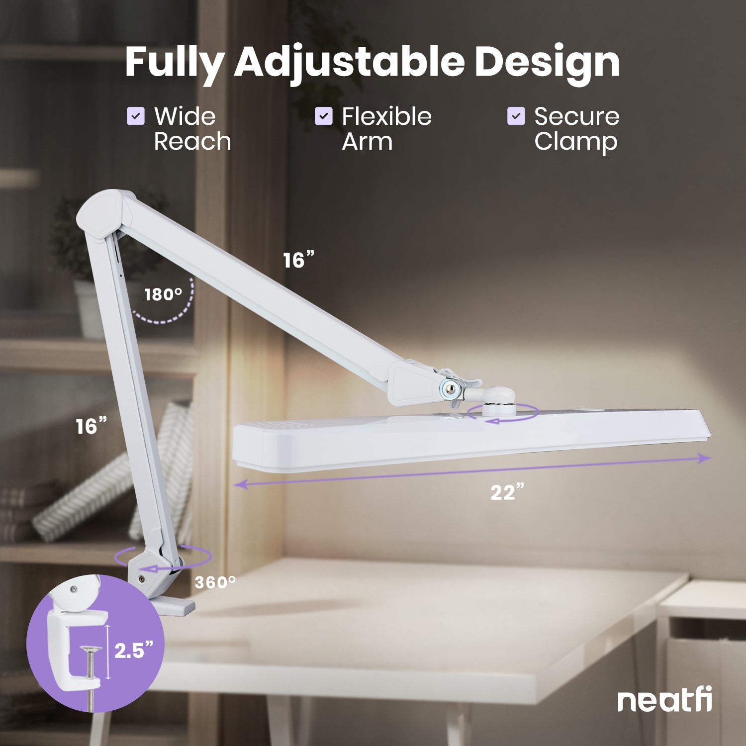 Lampe de bureau à pince LED 22" de large – Lumière de travail 2500 lumens pour établi et travaux manuels, blanche