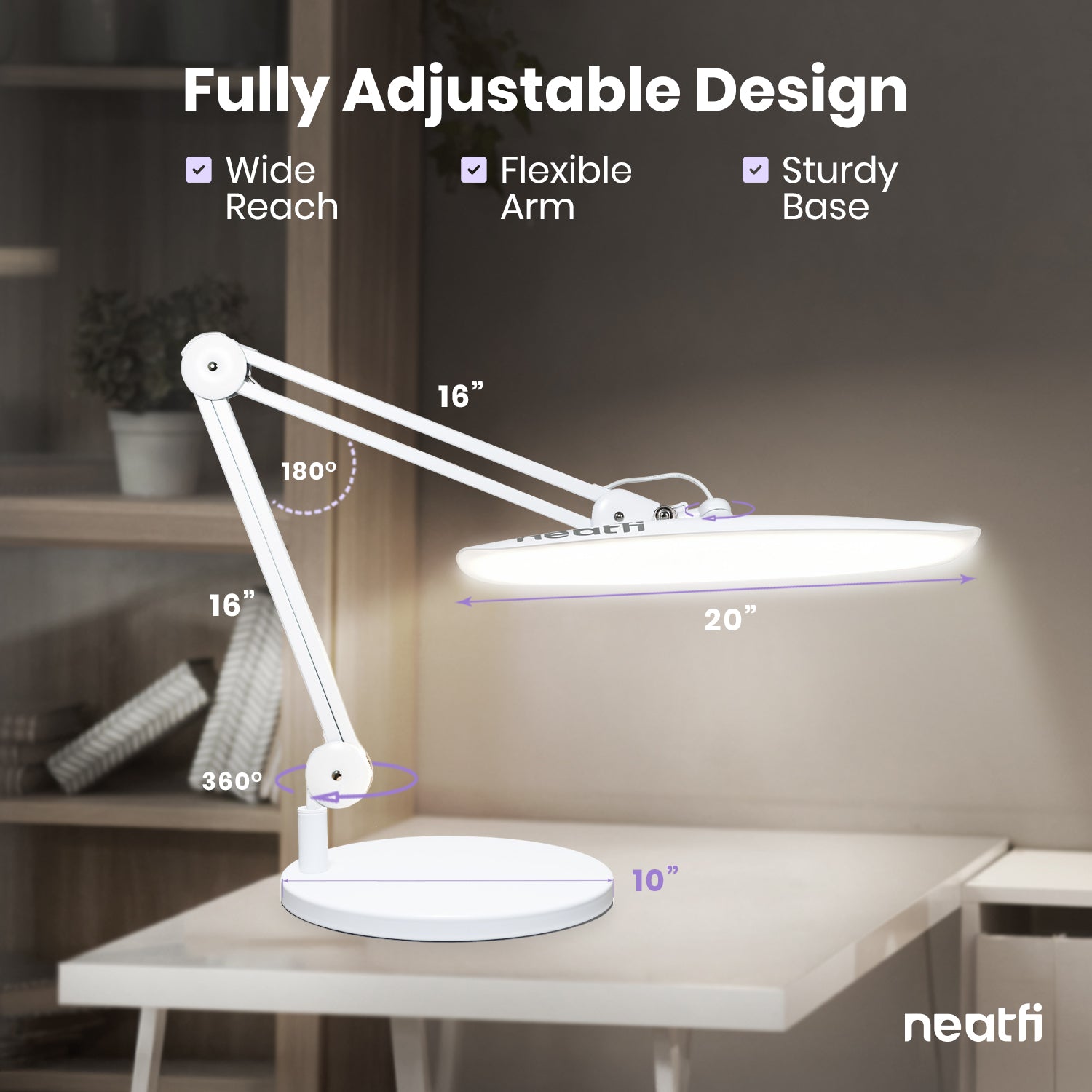 20” Wide Head LED Desk Lamp with Base – 2200 Lumens Task Light for Home Office & Crafts, White