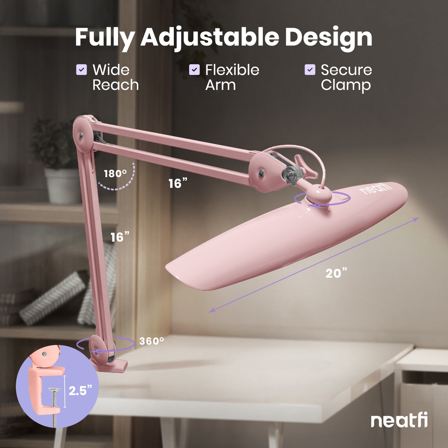 20” Wide Head LED Desk Lamp with Clamp – 2200 Lumens Task Light for Home Office & Crafts, Rose Gold