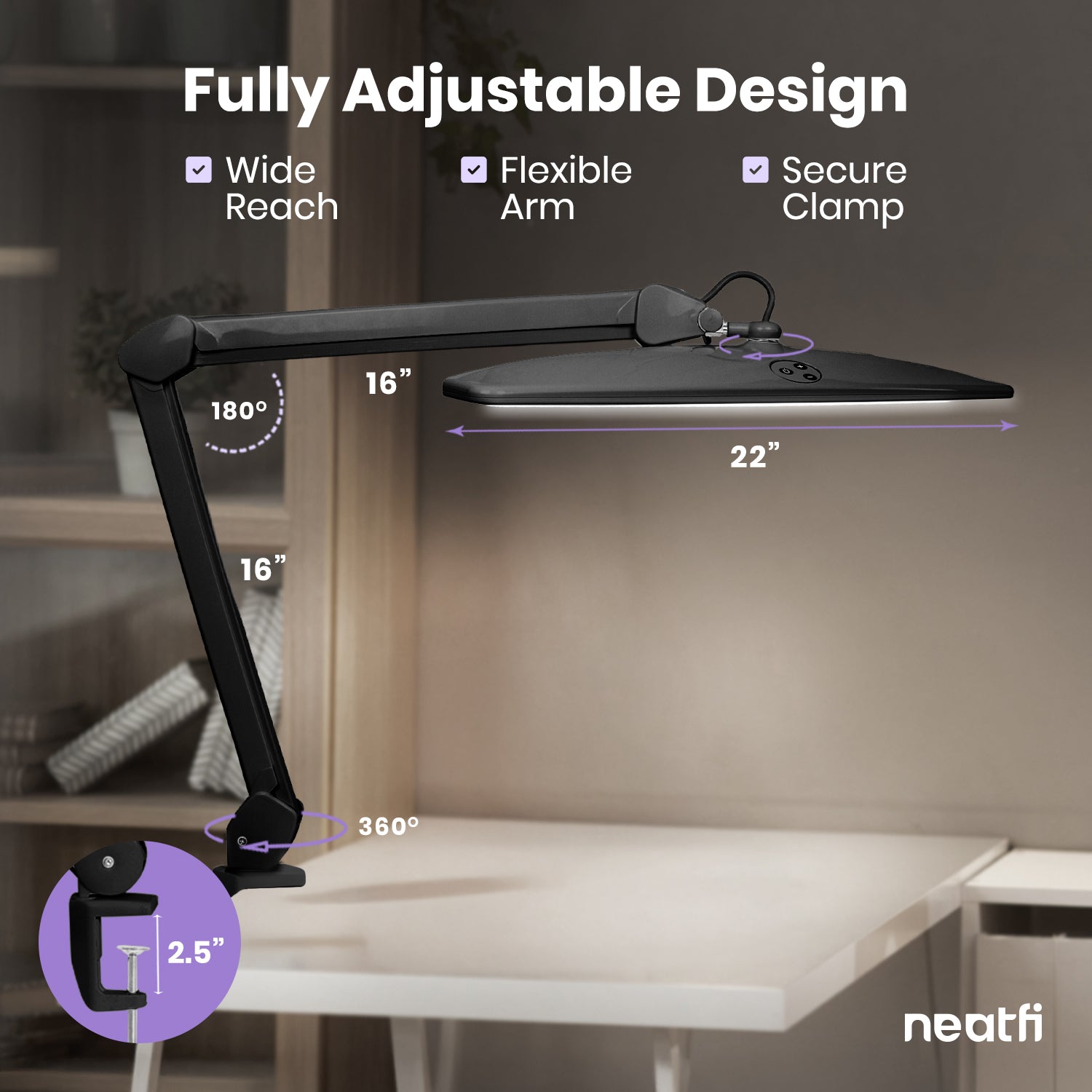 1600 Lumens LED Desk Lamp with Clamp – 22" Wide Shade, Adjustable & Non-polar Dimming Light, Black