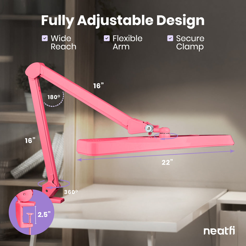 Lampe de bureau LED à pince de 56 cm de large – Lampe de travail de 2500 lumens pour établi et travaux manuels, rose