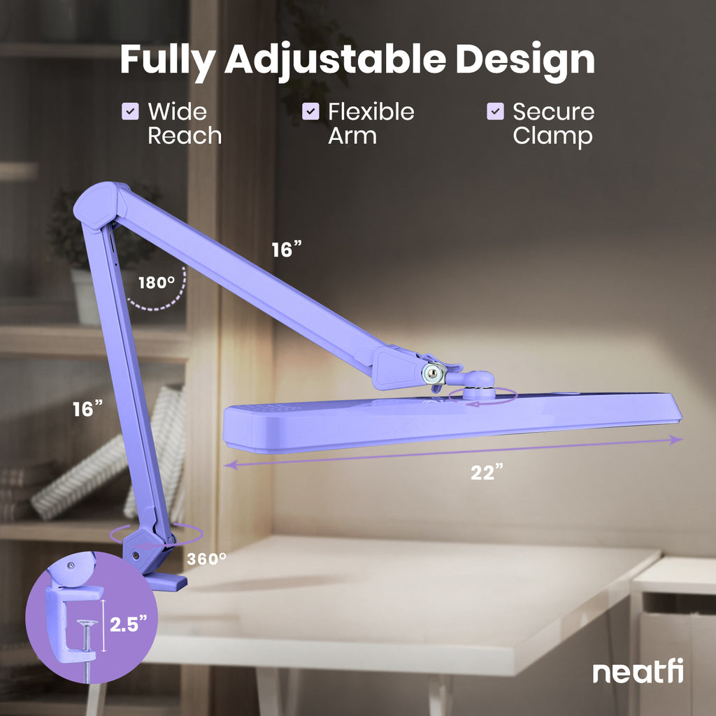 22” Wide Shade LED Desk Lamp with Clamp – 2500 Lumens Task Light for Workbench & Crafts, Lavender