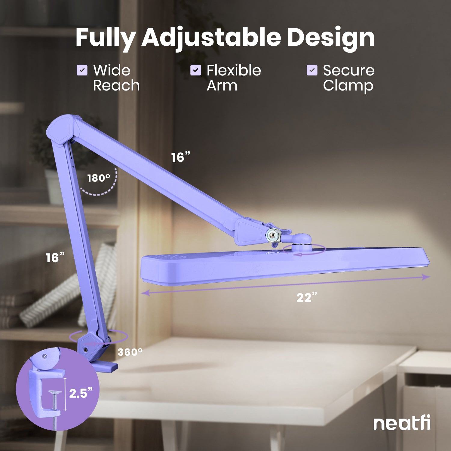 22” Wide Shade LED Desk Lamp with Clamp – 2500 Lumens Task Light for Workbench & Crafts, Lavender