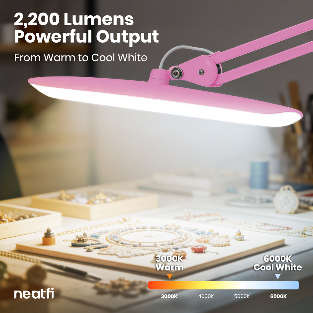 2200 Lumens LED Desk Lamp with Clamp – 20” Wide Shade, 3 Light Modes, Dimmable Task Light, Pink