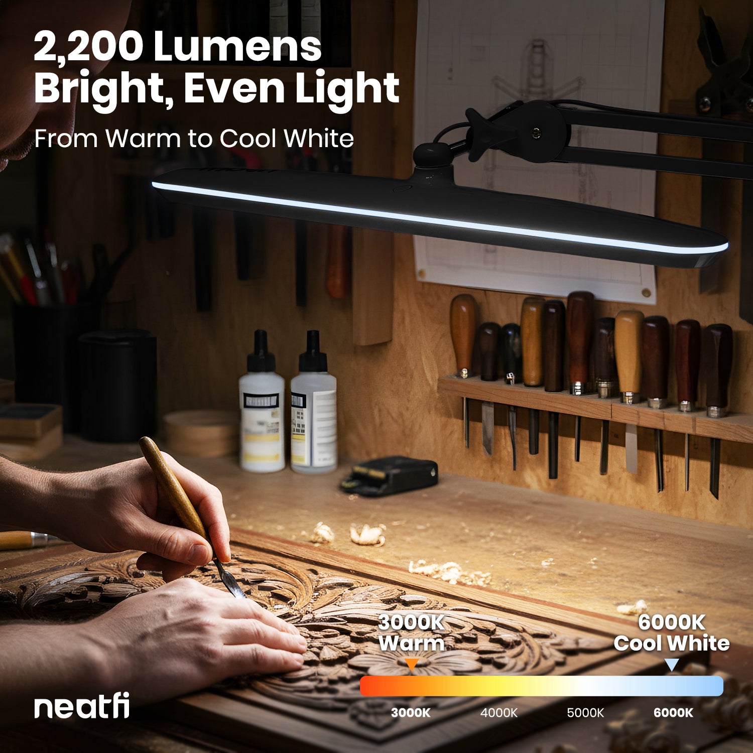 2200 Lumens LED Desk Lamp with Clamp – 23" Wide, 3 Light Modes for Workbench & Home Office, Silver