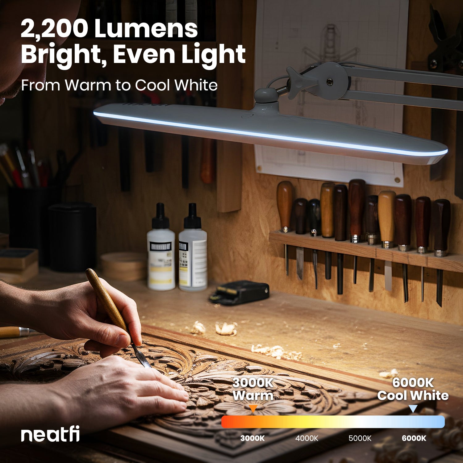 2200 Lumens LED Desk Lamp with Clamp – 23" Wide, 3 Light Modes for Workbench & Home Office, White