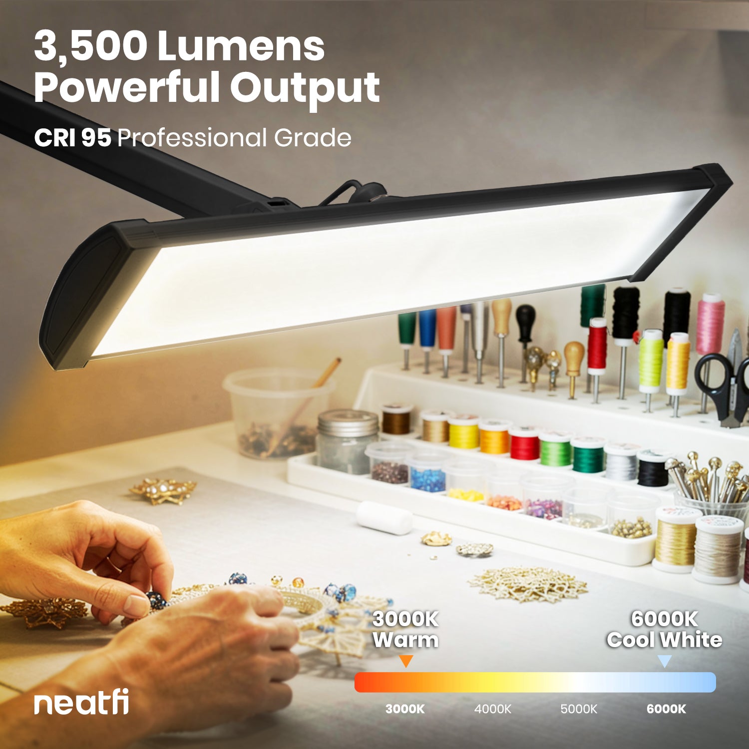 Lámpara de escritorio LED moderna Pro Series XL, 58 cm de ancho, 2200 lúmenes, CRI 95, regulable, brazo ajustable con abrazadera